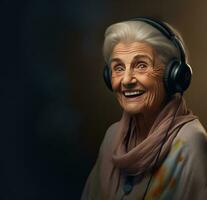 ai gerado a idosos mulher sorridente às cliente em uma fone de ouvido foto