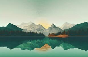 ai gerado uma verde lago com montanhas em a fundo foto