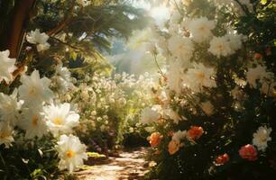 ai gerado uma lindo jardim com branco flores e luz solar foto