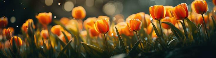 ai gerado uma embaçado cenário do vermelho tulipas dentro uma campo foto