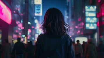 ai gerado generativo ai, lindo menina em noite do a néon rua do Japão, cyberpunk estilo foto