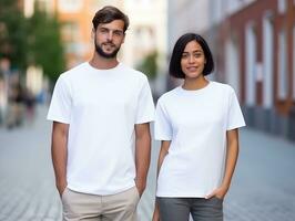 ai gerado uma casal namorado e namorada vestindo em branco branco Coincidindo Camisetas brincar para Projeto modelo foto