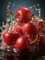 ai gerado fresco maduro cereja com respingo efeito, suculento e saboroso fruta, saudável Comida foto
