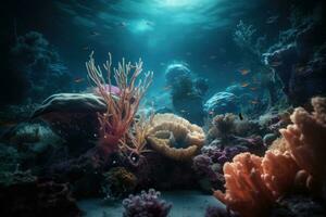 ai gerado animais do a embaixo da agua mundo com Sol raios. coral recife e peixe. generativo ai foto