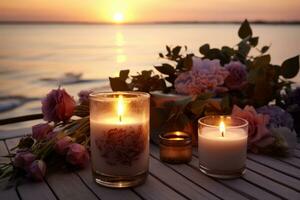 ai gerado romance de a mar lado. velas, flores e pôr do sol. generativo ai foto