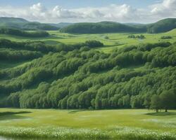 ai gerado lindo uma verde natureza floresta panorama e uma azul céu de ai gerado foto