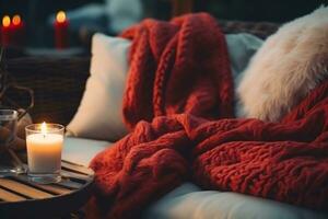 ai gerado acolhedor inverno casa interior. confortável sofá, vermelho tricotado xadrez, queimando vela em de madeira mesa. acolhedor vivo sala. foto