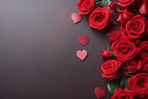 ai gerado dia dos namorados dia fundo com vermelho rosas e corações em Sombrio Castanho fundo foto