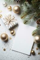 ai gerado Natal cumprimento cartão brincar com dourado enfeites e abeto árvore galhos em branco fundo foto