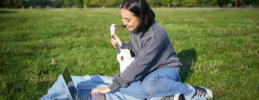 sorridente ásia menina aprende quão para jogar ukulele através da computador portátil, conectados vídeo tutoriais, sentado em Relva dentro parque com musical instrumento foto