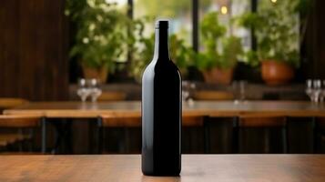 ai gerado vinho garrafa com em branco frente, realista em uma brincar modelo dentro uma de madeira mesa dentro restaurante foto