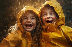 ai gerado dois crianças jogar dentro a chuva fora, foto