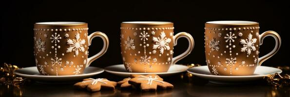 ai gerado três café copos em uma mesa com gengibre biscoitos para Natal, foto