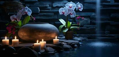 ai gerado a spa tem uma quente pedra sauna, velas e orquídeas, foto