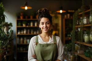 ai gerado retrato do sorridente fêmea florista em pé com braços cruzado dentro flor comprar, uma jovem mulher, a proprietário do uma pequeno, ecológico loja, ai gerado foto