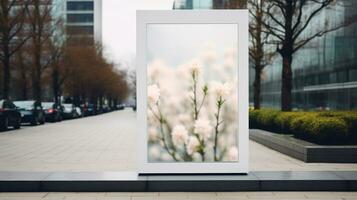 ai gerado ao ar livre publicidade com em branco frente realista em uma brincar modelo dentro uma Primavera rua do grande cidade foto