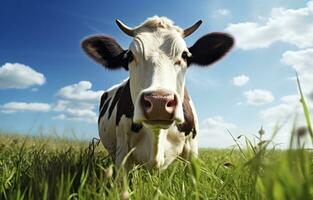 ai gerado olhando às Câmera em Relva campo vaca foto