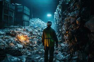 ai gerado homem em pé dentro frente do uma enorme lixo despejo dentro a noite, uma trabalhador às uma reciclando plantar funciona, ai gerado foto