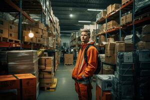 ai gerado retrato do uma masculino armazém trabalhador em pé dentro armazém. isto é uma frete transporte e distribuição armazém. industrial e industrial trabalhadores conceito, ai gerado foto