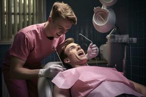 ai gerado dentista e paciente dentro a dental escritório. odontologia conceito, uma jovem homem às uma dentista, ai gerado foto