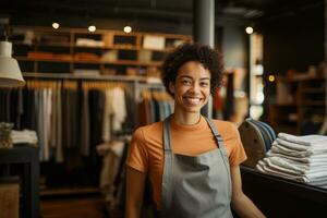 ai gerado retrato do feliz africano americano fêmea trabalhador dentro uma têxtil loja, uma mulher loja trabalhador sorrisos, ai gerado foto