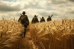 ai gerado soldado dentro a trigo campo. militares histórico reconstituição, uma guarda equipe caminhando através uma trigo campo, ai gerado foto