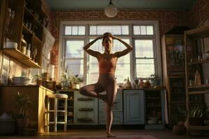 ai gerado lindo jovem mulher praticando ioga às lar. ioga asana, uma mulher faz ioga às lar, ai gerado foto