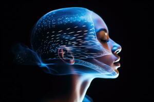 ai gerado 3d rendido ilustração do uma fêmea cabeça com digital cérebro projeto, uma lado Visão do uma mulher cabeça dentro holograma, ai gerado foto