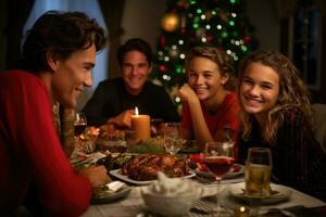 ai gerado grupo do amigos tendo Natal jantar juntos às casa dentro a vivo sala, uma foto do atraente fêmea em Natal o jantar com família, ai gerado