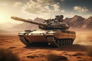 ai gerado 3d CG Renderização do tanque dentro a deserto. 3d CG Renderização do tanque, uma moderno militares tanque corrida dentro uma deserto, ai gerado foto