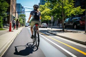 ai gerado traseiro Visão do uma jovem mulher equitação uma bicicleta dentro a cidade, uma pessoa zipando através uma dedicada bicicleta faixa em uma à moda elétrico bicicleta, ai gerado foto