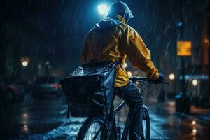 ai gerado traseiro Visão do homem dentro amarelo capa de chuva equitação bicicleta debaixo pesado chuva em chuvoso noite, uma correio passeios uma bicicleta através uma chuvoso tarde ou noite cidade, ai gerado foto