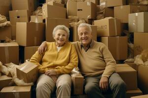 ai gerado retrato do feliz Senior casal sentado dentro armazém com caixas em fundo, uma casal dentro seus dourado anos, cercado de caixas, ai gerado foto