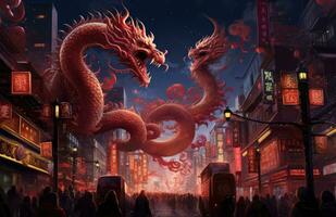 ai gerado chinês Dragão e vermelho lanternas com fogos de artifício dentro a fundo, foto