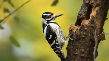 ai gerado a gracioso felpudo pica-pau agarrado para a latido do uma majestoso árvore foto