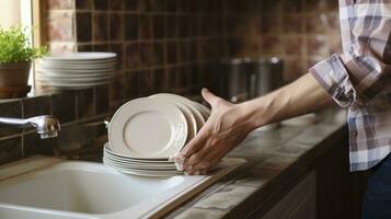 ai gerado do homem mão limpar com toalha uma limpar \ limpo prato depois de lavando todos a pratos com lava-louças líquido dentro a vintage cozinha foto