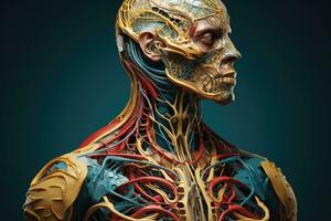 ai gerado 3d rendido ilustração do uma masculino figura com esqueleto pele e circulatório sistema, 3d ilustrado humano corpo, ai gerado foto