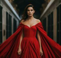 ai gerado lindo mulher em pé dentro uma vermelho vestido, foto