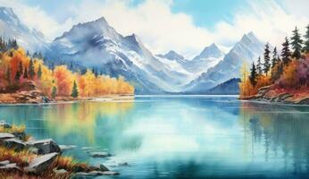 ai gerado a outono aguarela pintura do uma lago e montanhas, foto