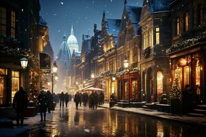 ai gerado inverno paisagem urbana neve coberto ruas forrado com histórico edifícios adornado com festivo luzes e decorações foto