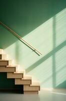 ai gerado uma de madeira Escadaria com uma verde poster perto a escadaria, foto