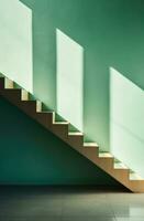 ai gerado uma de madeira Escadaria com uma verde poster perto a escadaria, foto