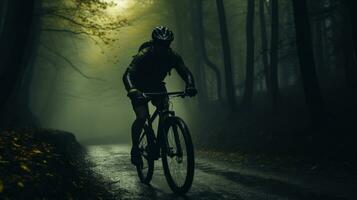 ai gerado uma homem equitação uma bicicleta em uma estrada através a floresta, foto