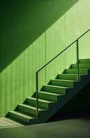 ai gerado uma emoldurado arte com verde paredes e de madeira escadaria, foto