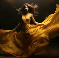 ai gerado uma fêmea modelo dentro uma amarelo grandes vestir dançando com dela cabelo dentro a vento, foto