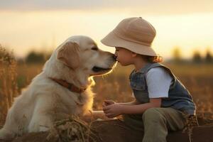 ai gerado uma criança é se beijando a adulto retriever cachorro dentro a campo, foto