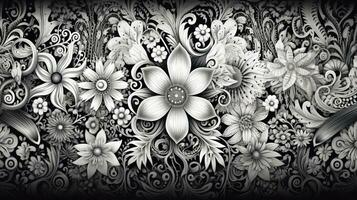 ai gerado abstrato floral padronizar dentro Preto e branco cores foto