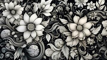 ai gerado abstrato floral padronizar dentro Preto e branco cores foto