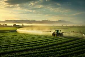 ai gerado uma trator pulverização a agrícola campo às pôr do sol, foto