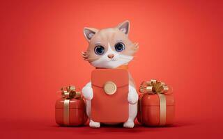 3d desenho animado estilo fofa gato e chinês por sorte vermelho pacote, 3d Renderização. foto